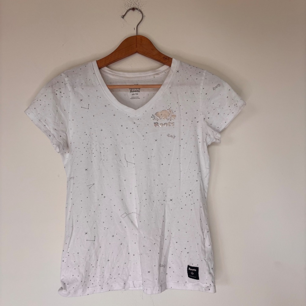Roots White V Neck Splatter Paint Metallic Silver Logo Cotton Tee Shirt size XS